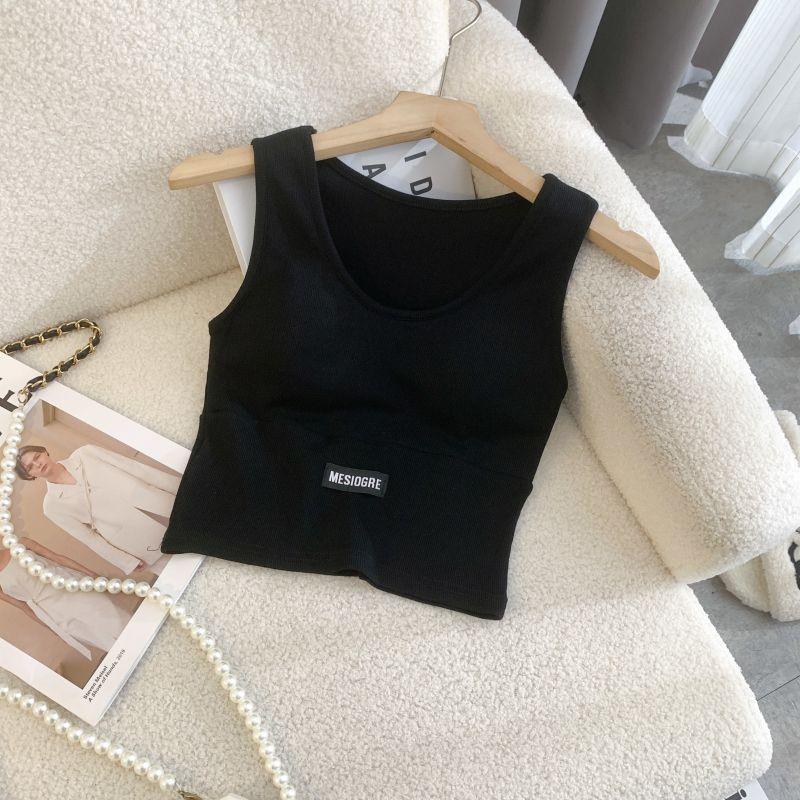 K-style Fashion round Neck White Beauty Back Short Small Sling Sleeveless Vest with Chest Pad Inner Wear Black Primer Outwear