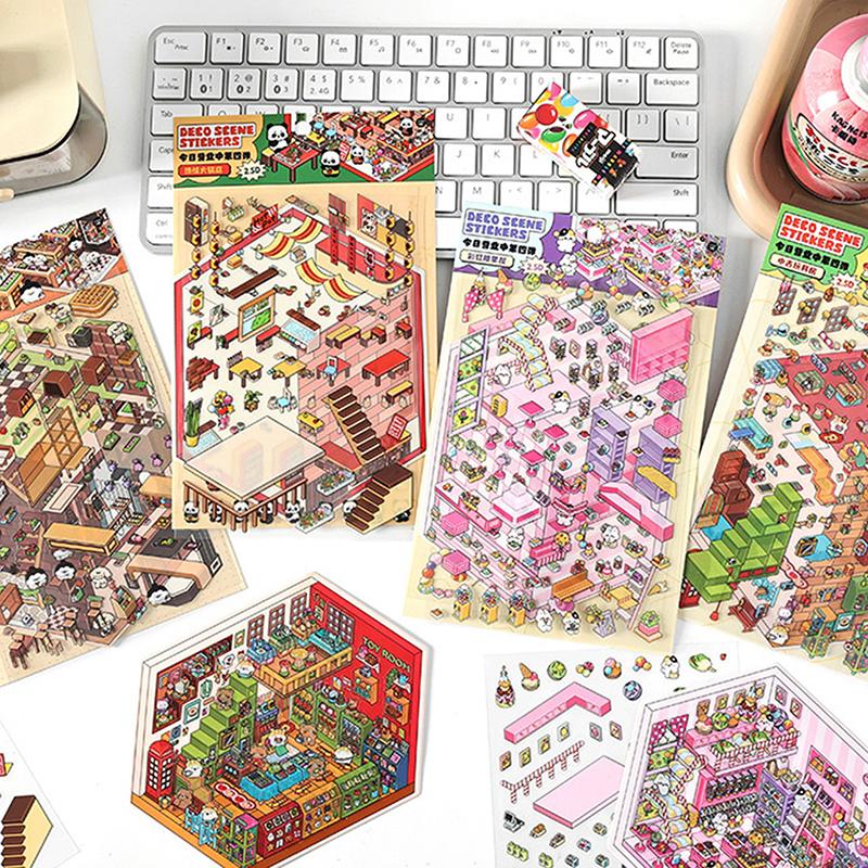 1Set Cartoon 3D Landscape Stickers Pocket Cabin Scene Stacking Pasting Stickers Diy Decoration Stickers Festival Birthday Gifts