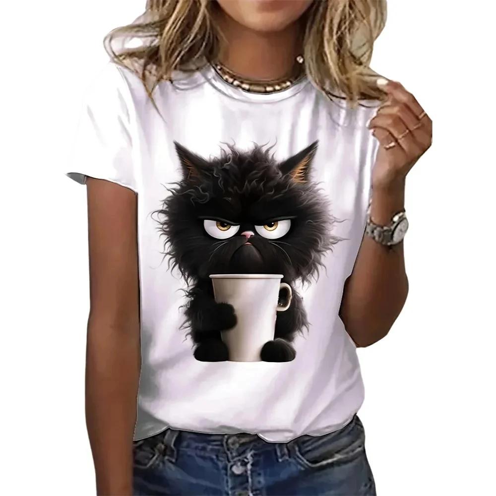 

Hot Funny Cat Women Summer White Print T-shirt Girl Casual Short Sleeve O Neck Top For Summer Female Animal Clothing 8XL