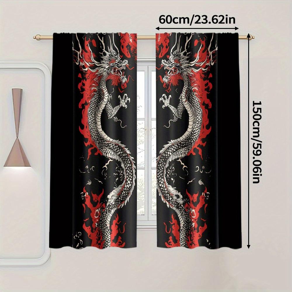 2pc Japanese Dragon Curtains – Black & Red   Light-Filtering Rod Pocket for Living Room   Bedroom & Kitchen (Rod Not Included)