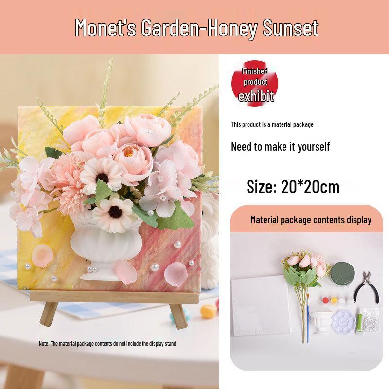 3D French Flower Arrangement DIY Kit: Monet’s Garden Oil Painting with Preserved Flowers & Plaster Ornaments - Ideal for Team Building Activities