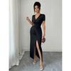 Women's Black Maxi Dress, V-Neck Wrap Style with Ruched Waist, Metal Buckle Detail and High Slit