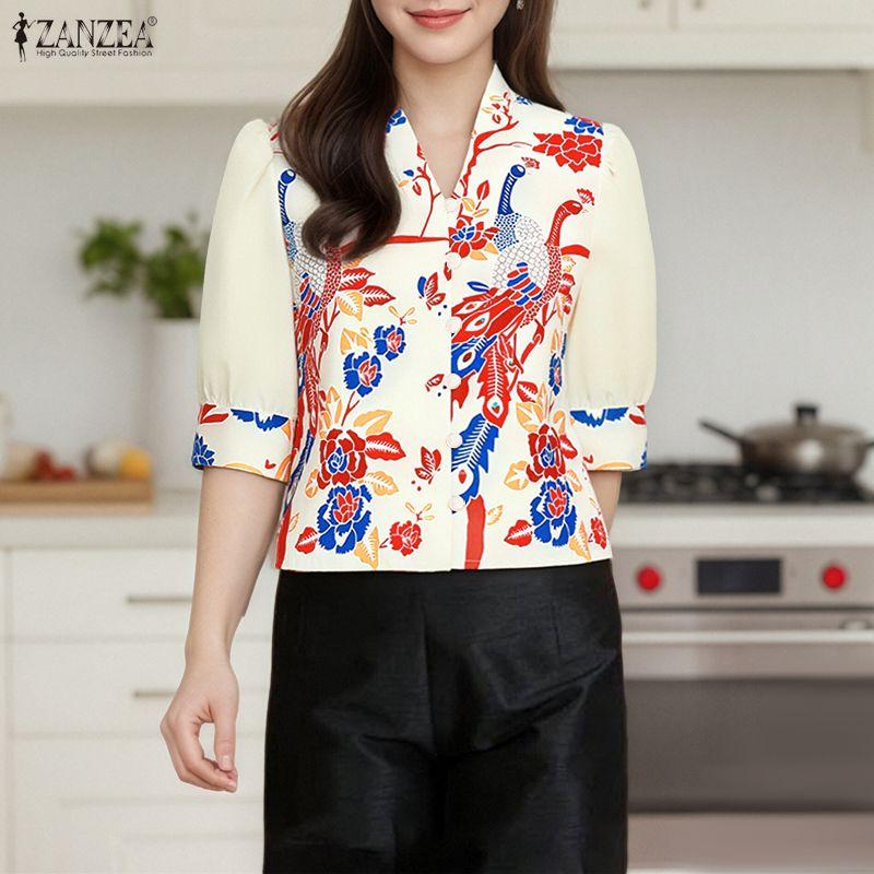 ZANZEA Women Casual V-Neck Summer Half Sleeve Print Blouse