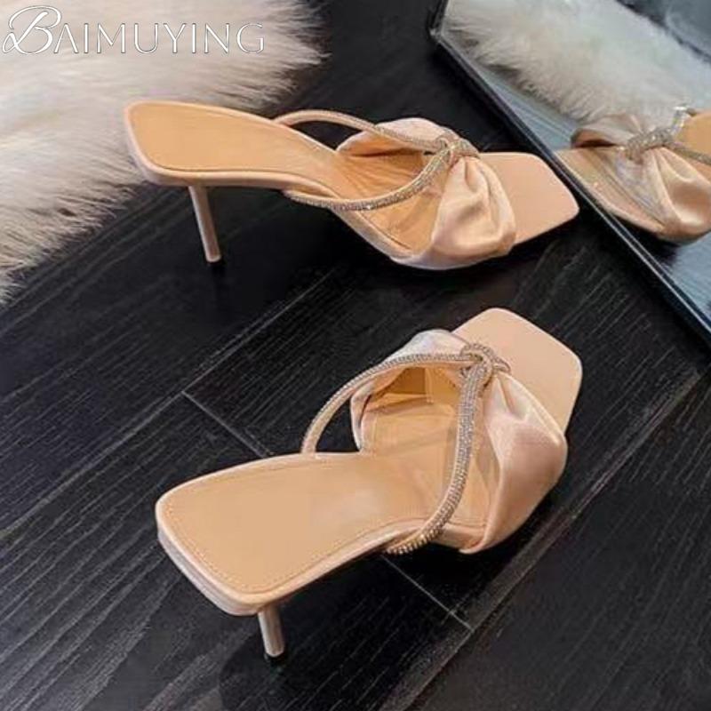 Fashion Bow Women Slippers High Heels Square Toe Sandals Shoes Crystal Summer 2025 Trend Open Toe Stilettos Pumps Dress Zapatos Mujer