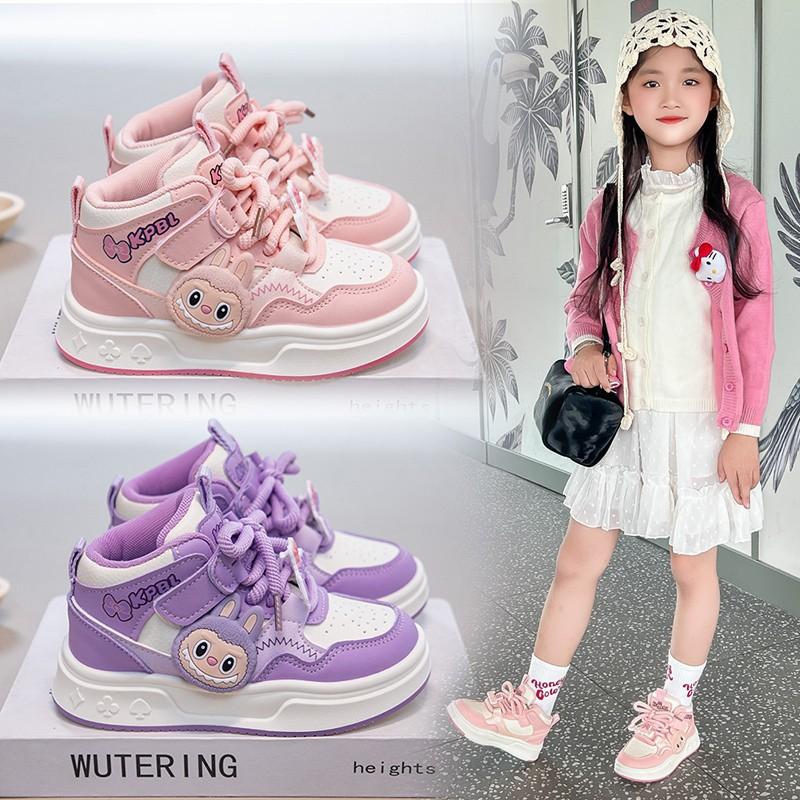 Labub girls sports shoes 2025 autumn and winter new velvet children's high-top board shoes girls cartoon casual shoes