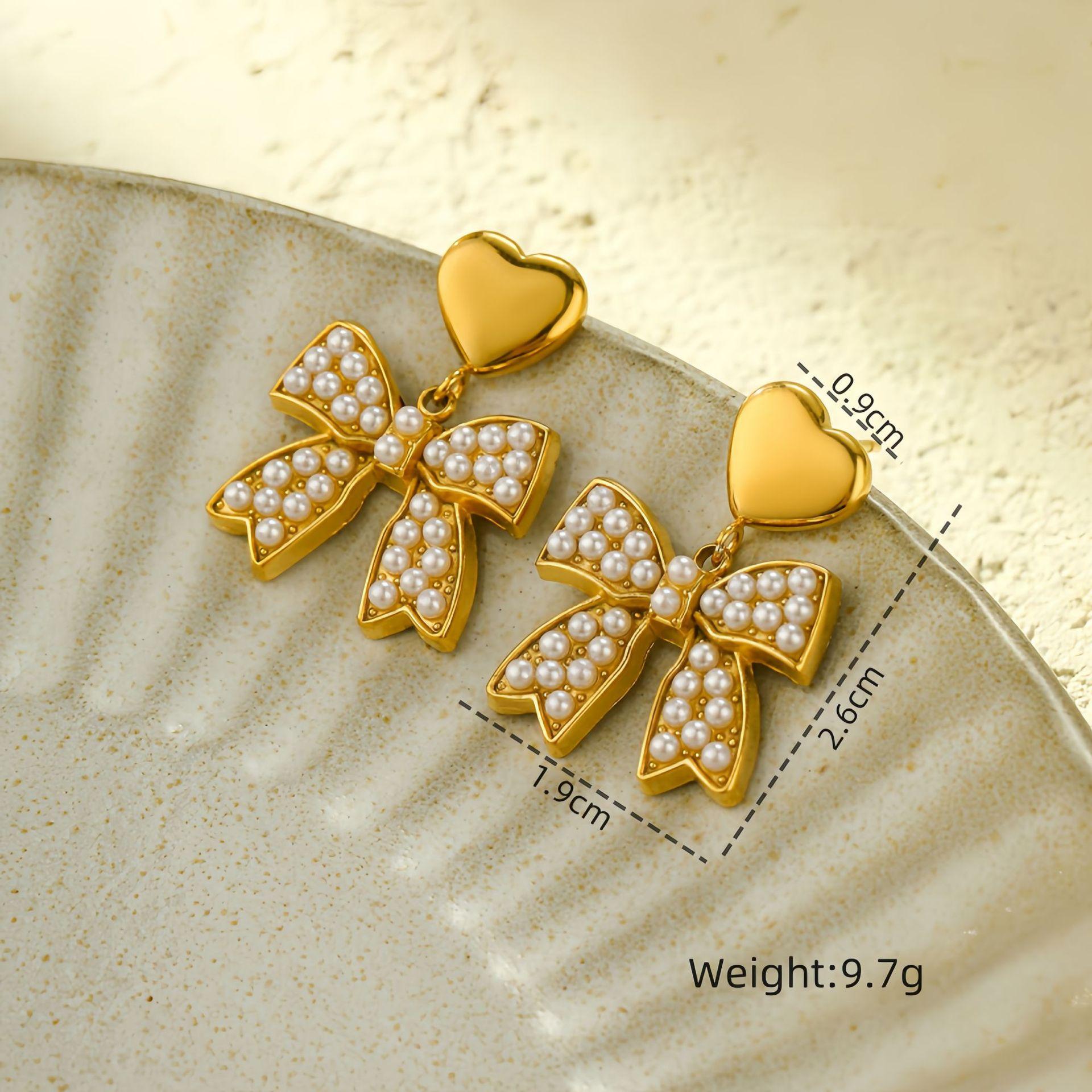 GEMCHIC Women s 18K Gold Plated Stainless Steel Bow Pearl Zircon Heart Earrings