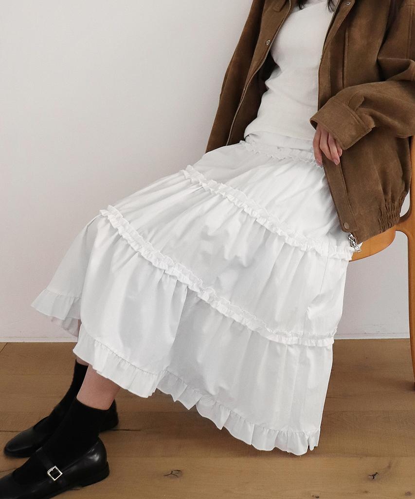 Moyora Tiered Frill Flare Elastic Long Skirt [White]