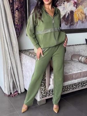 2024 Euro-Amerikanisches einfarbiges Reißverschluss-Sweatshirt & Kordelzug-Hosen-Set - Damen Lässiges zweiteiliges Set