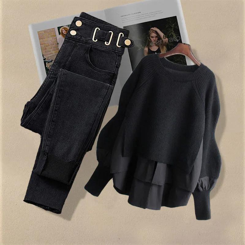 Dames Lente- en Herfstpak Plus Size Ronde Hals Top met Lange Mouwen + Skinny Jeans Tweedelige Set