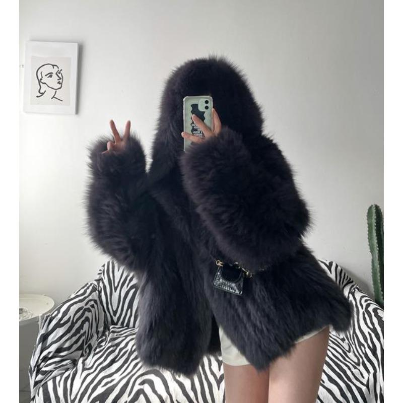 Damen Kunstfuchs Pelzmäntel Jacken Mittellang Blau Mit Kapuze Langarm Dick Warm Lockere Passform Freizeit Herbst Winter