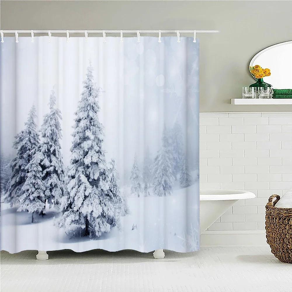 Christmas Shower Curtain Waterproof Fabric Snow Scene Cedar Trees landscape Print Shower Curtains for Bathroom Shower with Hoo