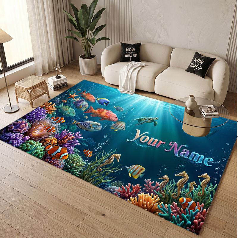Fish Ocean Theme Soft Crystal Velvet Rug Custom Name & Text Print Non Slip Floor Rug for Bedroom Living Room