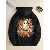 Ladies Spring Autumn Casual Hooded Long Sleeve Big Pocket Halloween Ghost Pumpkin Flower Printed Pullover Hoodies Sweatshirt Top