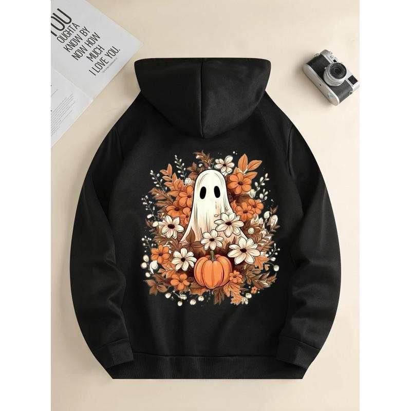 Ladies Spring Autumn Casual Hooded Long Sleeve Big Pocket Halloween Ghost Pumpkin Flower Printed Pullover Hoodies Sweatshirt Top