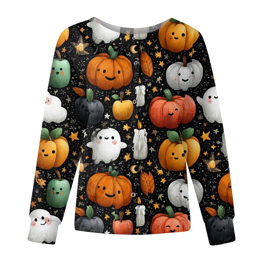 Women's Casual Fashion Long Sleeve Standing Collar Single Breasted Halloween Printed Workwear Jacket Tops