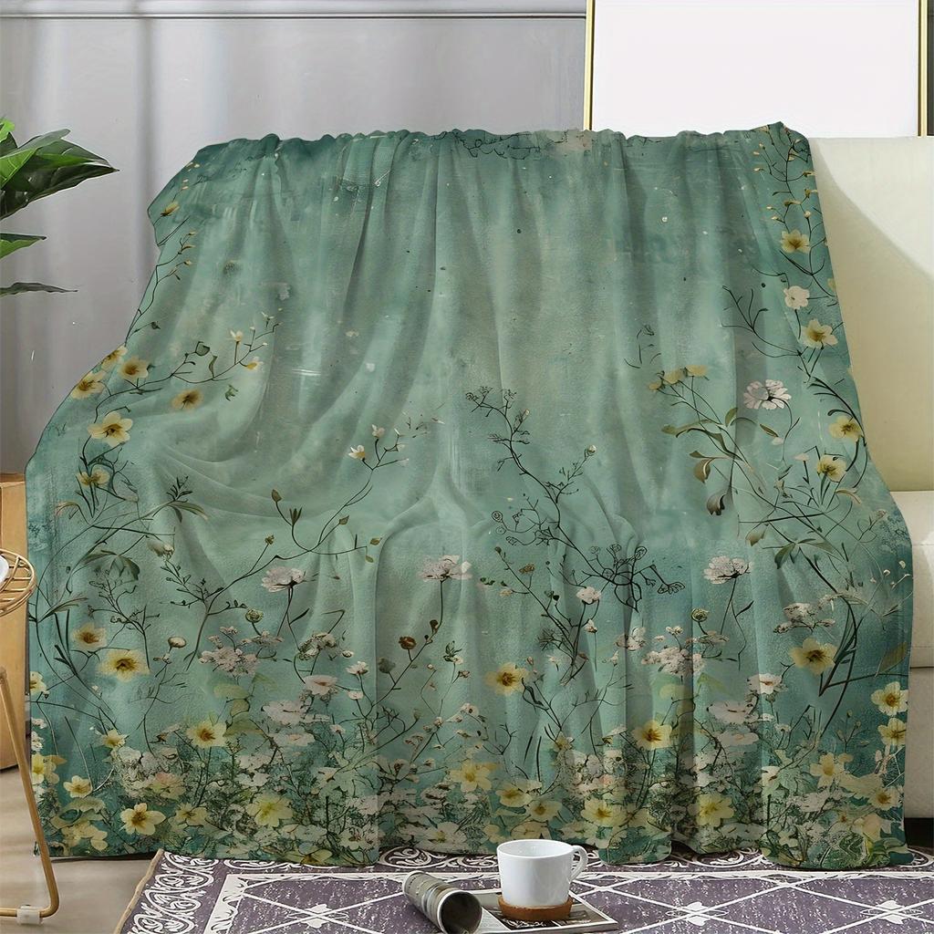 Vintage Floral Print Flannel Throw Blanket - Soft, Cozy, Warm for Couch Sofa Bed Office Travel, All-Season Polyester Knit Crafte