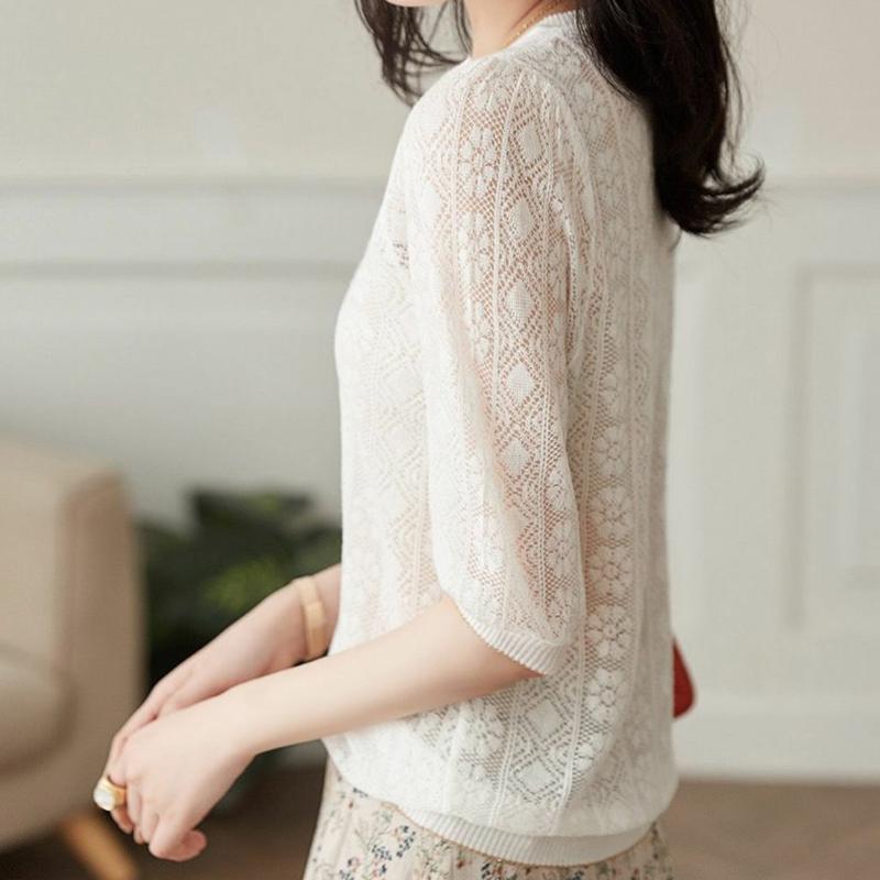 Thin Hollow Out Knitted T Shirt Women Summer White Tops Female O Neck Casual Tshirts Woman Short Sleeve Loose Tees