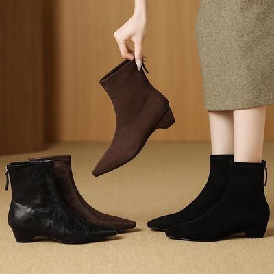 Autumn and Winter New Small Square Pointed Simple Temperament Short Boots Women's Pointed Comfortable Medium Thick Heel Thin Velvet Boots