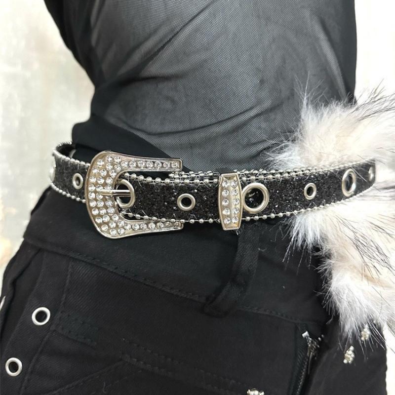 Vintage Faux Fur Pu Leather Rhinestone Belt Y2K Furry Fur Gothic Punk Sexy Waistband Night Club Waist Chain Jeans Pants Decor