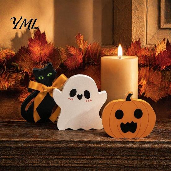 Rustic Farmhouse Halloween Table Decorations 3Pcs/Set Tiered Tray Decorations, Cute Ghost Pumpkin Black Cat Gift for Home Ornaments, Wooden