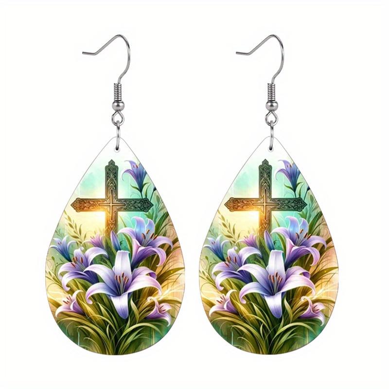 2 Pairs/Set Colorful Lily Flower Cross Pattern PU Leather Earrings Easter Earrings Women's Elegant Fashion Tears Earrings Holiday Party Gift