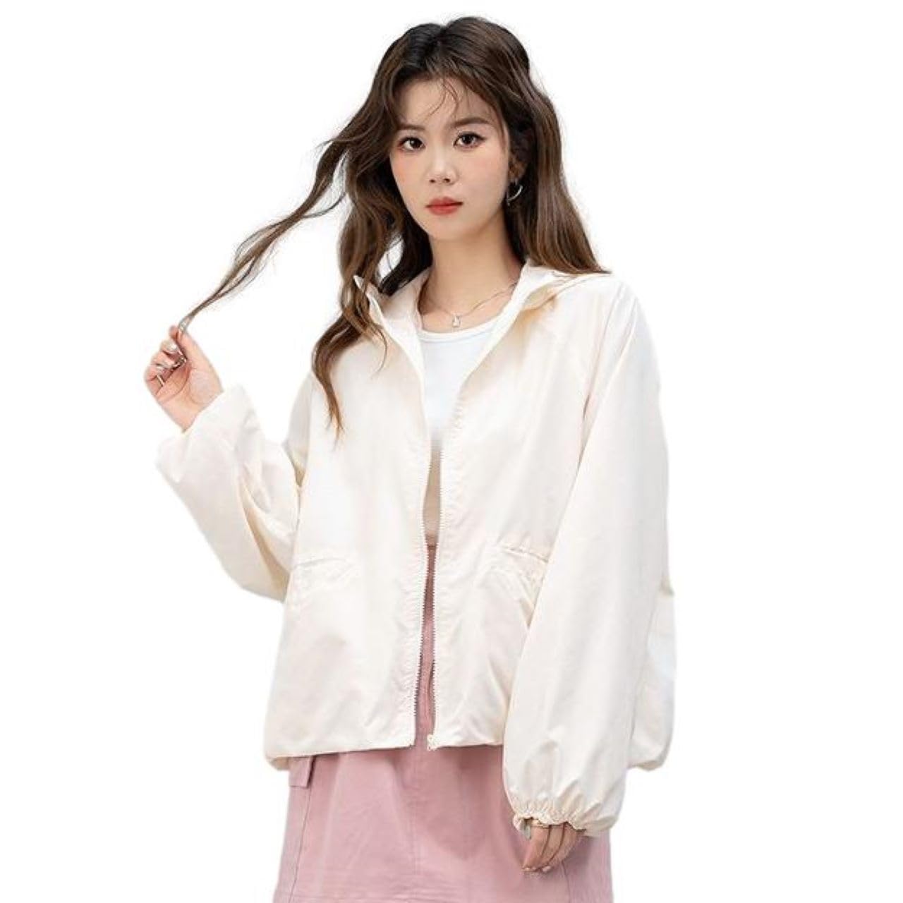 

Блузон с капюшоном для защиты от ультрафиолета Puff Stand Loose [Blue Beryl] Застежка-молния для женщин, Легкий, Верхняя одежда, Защита, Рукава, Воротник, Посадка, Подкладка, Модный, Повседневный, слоновая кость