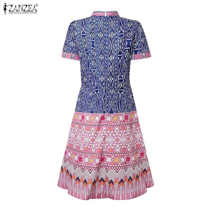 ZANZEA Women Casual Stand Collar Summer Short Sleeve Print Dress