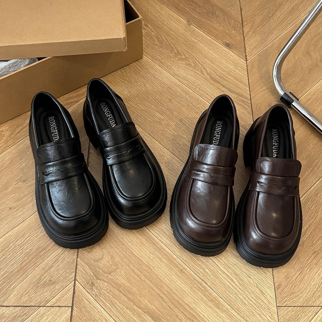 Platform loafers women's 2025 spring new versatile college style single shoes JK style black round head thick heel small leather shoes