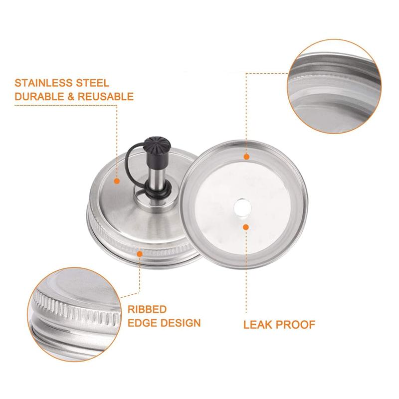 ABWR-12PCS Stainless Steel 70Mm Regular Mouth Jar Pour Spout Lids With Plastic Caps For Olive Oil Cocktail Dispenser