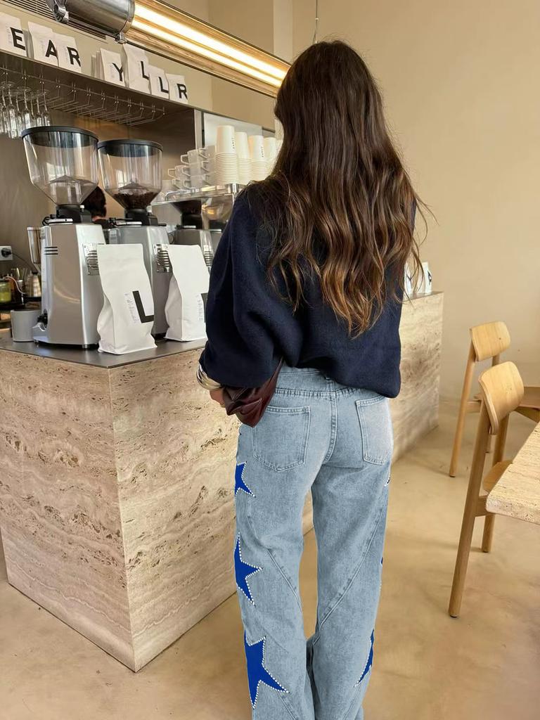 Women's New Fashion Casual Five-Point Star Loose Straight Jeans Pants 