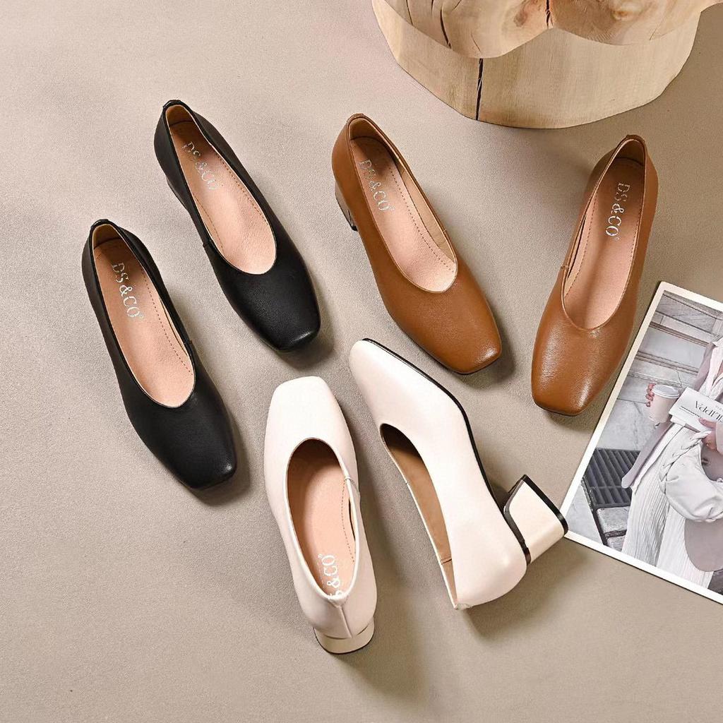 Spring and Summer Models Square Head Thick with Shallow Mouth Women's Shoes Head Cowhide Simple Temperament Work Shoes