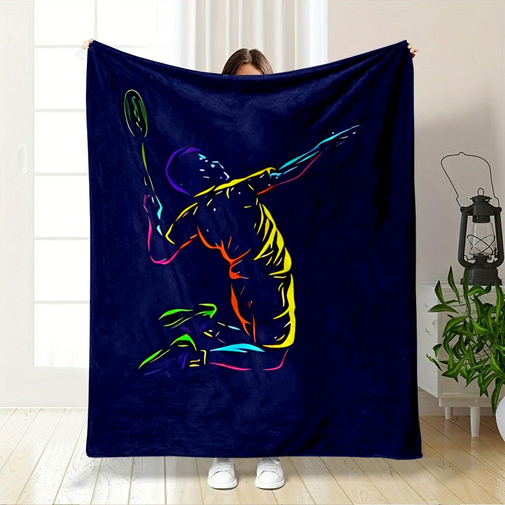 A colorful abstract silhouette of a badminton player in action. for all seasons blanket lunch break throw gift