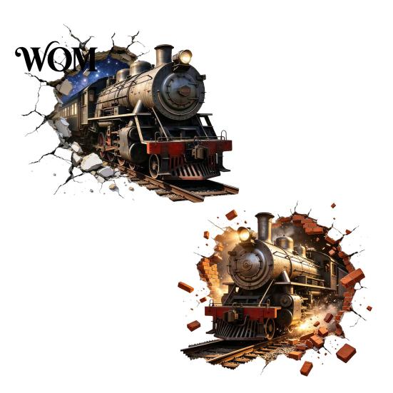 Durable Scratch Resistant Wall Cover 3D Retro Train Sticker, Break Through Decal, Peel and Stick Art Non Damaging Stickers Mural for Kids Room Bedroom
