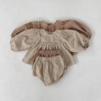 Spring Toddler Baby Girls Set Cotton Plaid Blouse and Shorts Sets for Kids