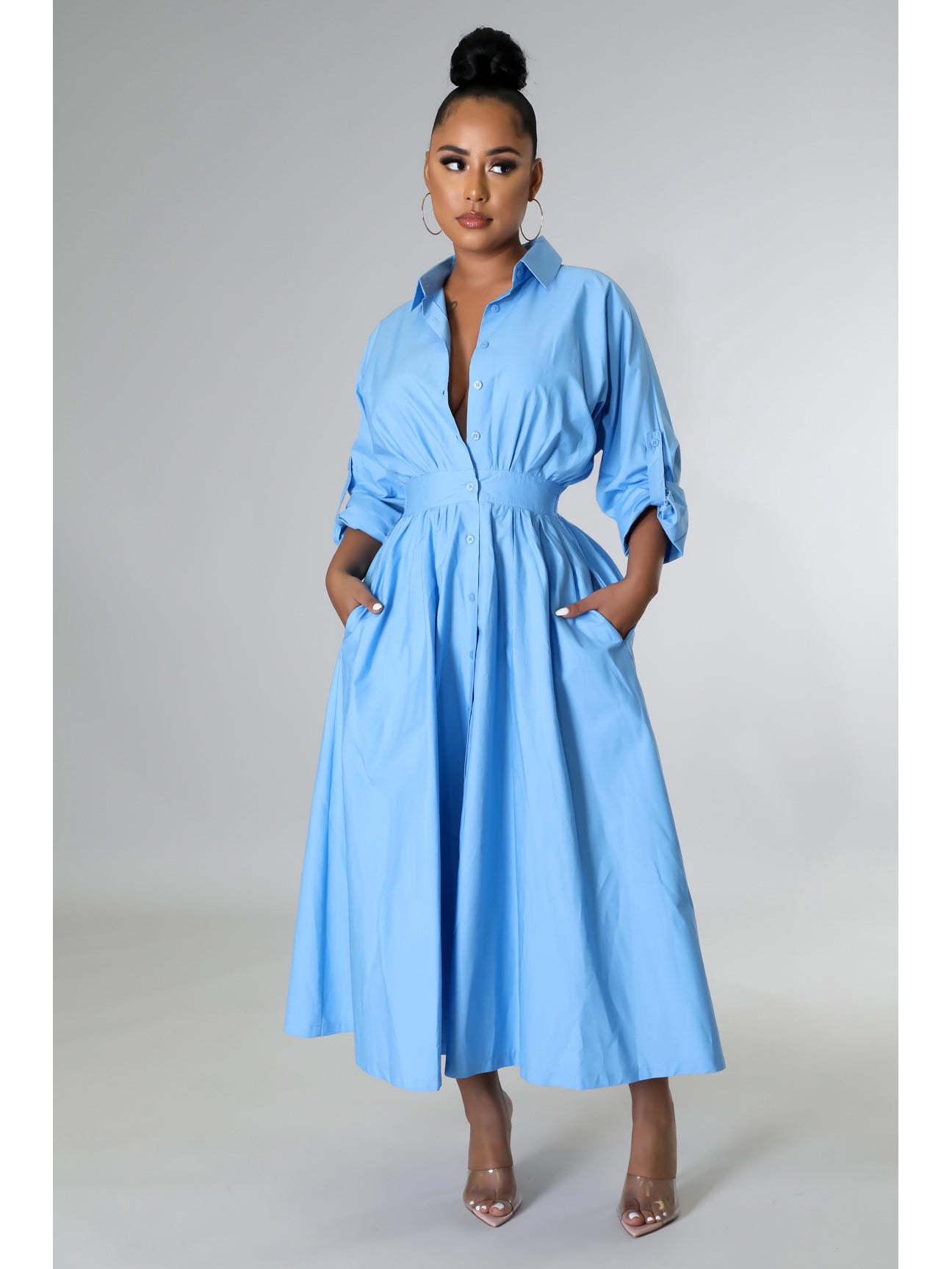 

Європейська та американська жіноча мода Еластична довга сукня-сорочка з вільним поясом та довгими рукавами Medium небо синє кольору