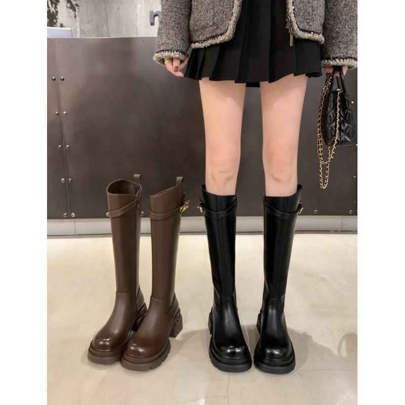 Skinny Boots~ Small Gold Buckle Diagonal Thick Bottom Velvet Medium and High Boots Female Knight Boots