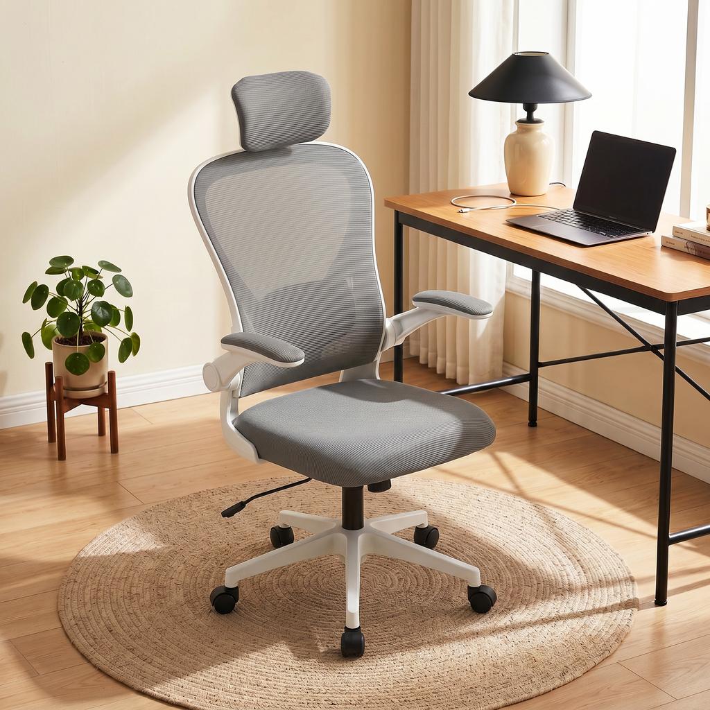 Office Chair Ergonomic Desk Chair with Flip-Up Armrests, Adjustable Lumbar Support Gray