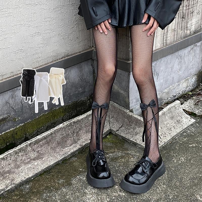 Women Japanese Ballet Sheer Mesh Pantyhose Stockings Crisscross Pattern Cute Ribbon Bowknot Fishnet Tights Leggings