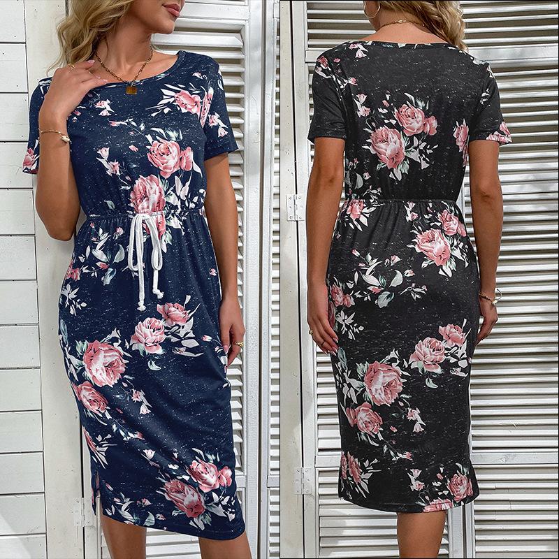 

Summer new printed t-shirt skirt casual women s black dress S темно-синий