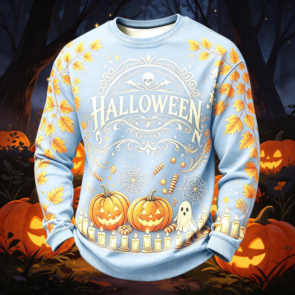 Men's Casual Round Neck Long Sleeve Top with Halloween Print
