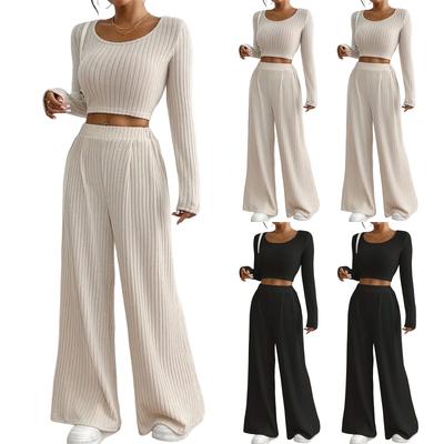 Women's Color Rib Knitted Trousers Mid,Waist Slimming Long,Sleeved Casual Suit