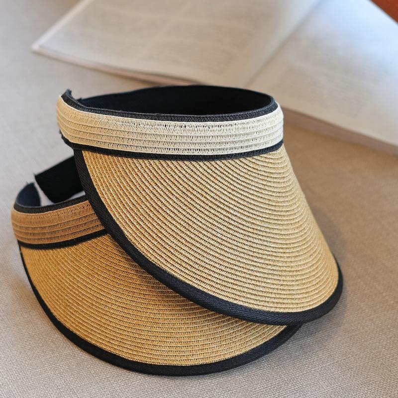 Contrast Color Webbing~ Small Standard Casual Fashion Straw Empty Top Hat Seaside Beach Sun Protection Cap Summer