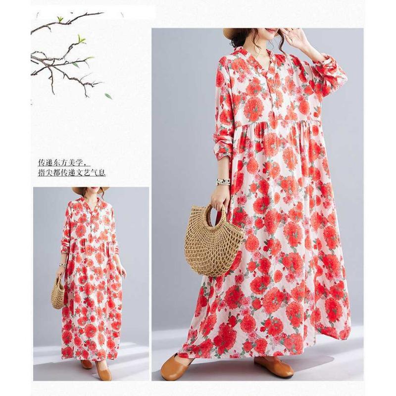 Neue Böhmische Vintage Bedruckte Locker Langarm Großer Schwung Lange Kleider