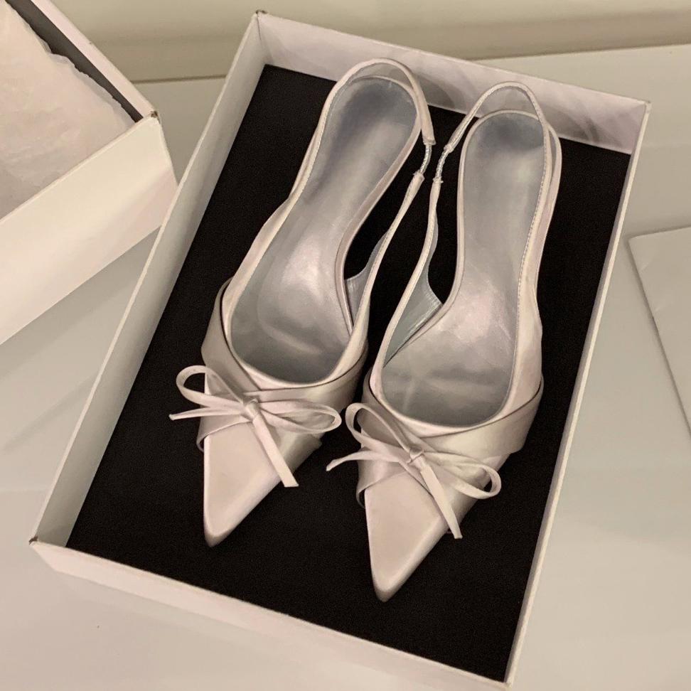 

Fashion new designer sweet bowtie silk sandals women pointed toe slingback summer party shoes thin high heels sandalias mujer 2025 35 серебряный