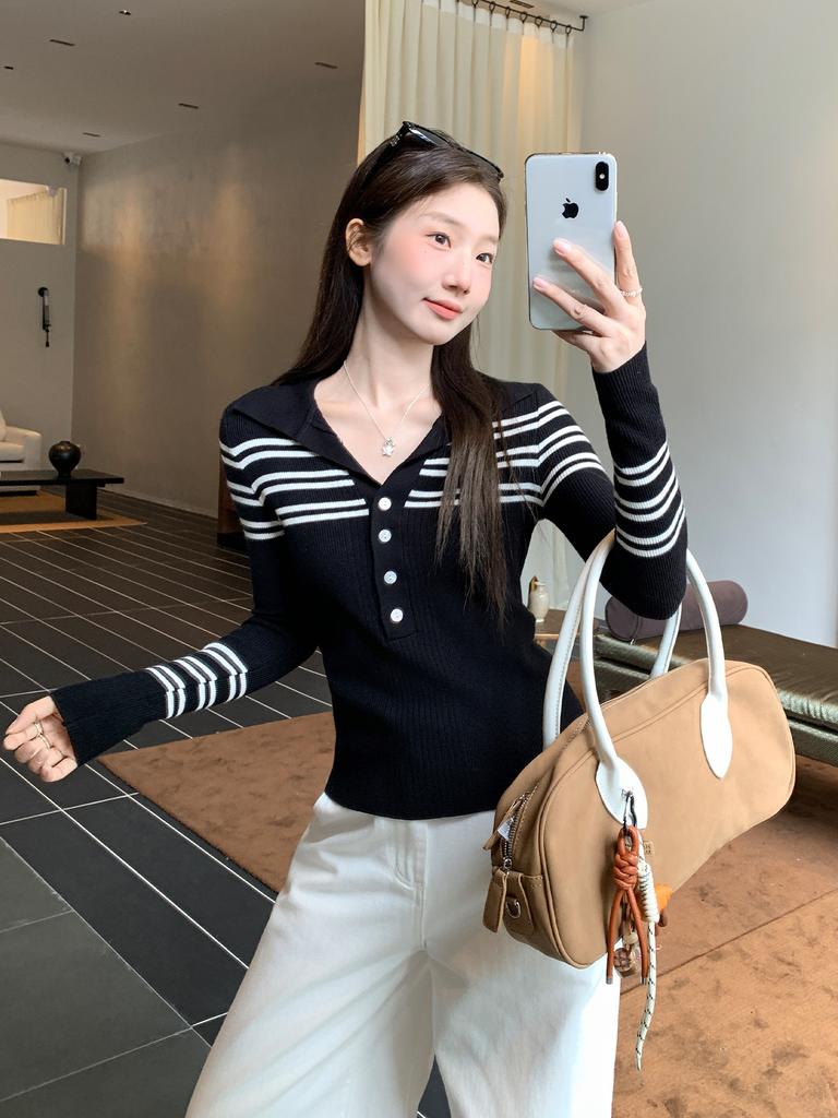 Grey Striped Lapel Knitted Sweater Long Sleeve T-Shirt Women's Autumn and Winter Wear Slim Button Bottom Top
