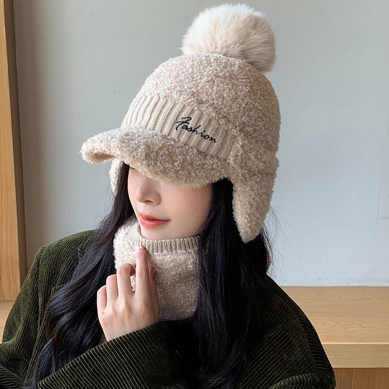 Letter Embroidery Plush Ear Protector Cap Women's Autumn and Winter Scarf Cover Cycling Warm Skiing Knitted Wool Cap