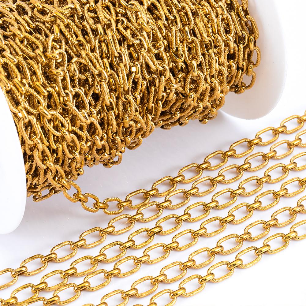 1M Gold Plated Frosted Square Punk Chains Stainless Steels Necklaces Oval Cross Chains Accessory DIY Men Bracelet Jewelry Making