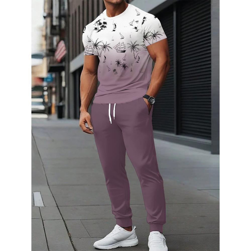 Summer New Men's Short-Sleeved Long Pants Set with 3D Pattern Printing for Street Casual Fashion Soft and Comfortable