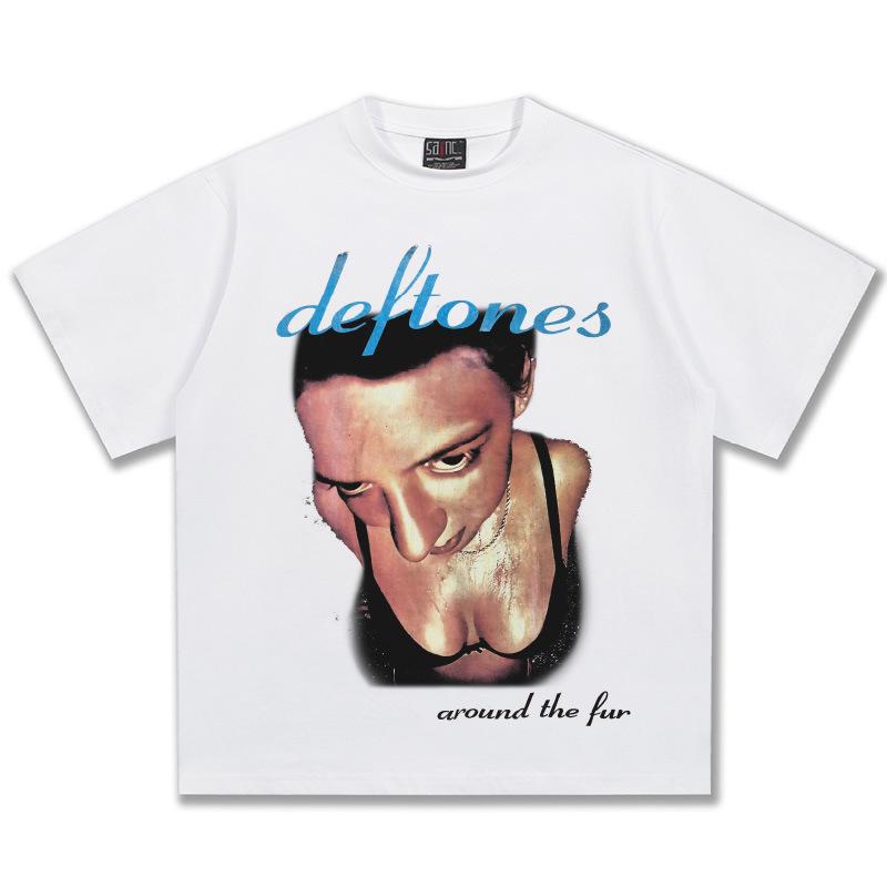 2026 Spring/Summer Deftones Rock Band Distressed Short Sleeve T-shirt, Pure Cotton, American Retro Style. Extra Extra Large