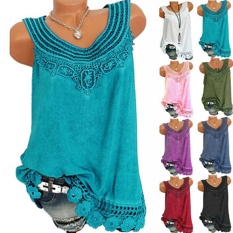 Women's Loose Sleeveless Vest T-shirt Blouse With Elegant Boho Lace Design In Plus Sizes